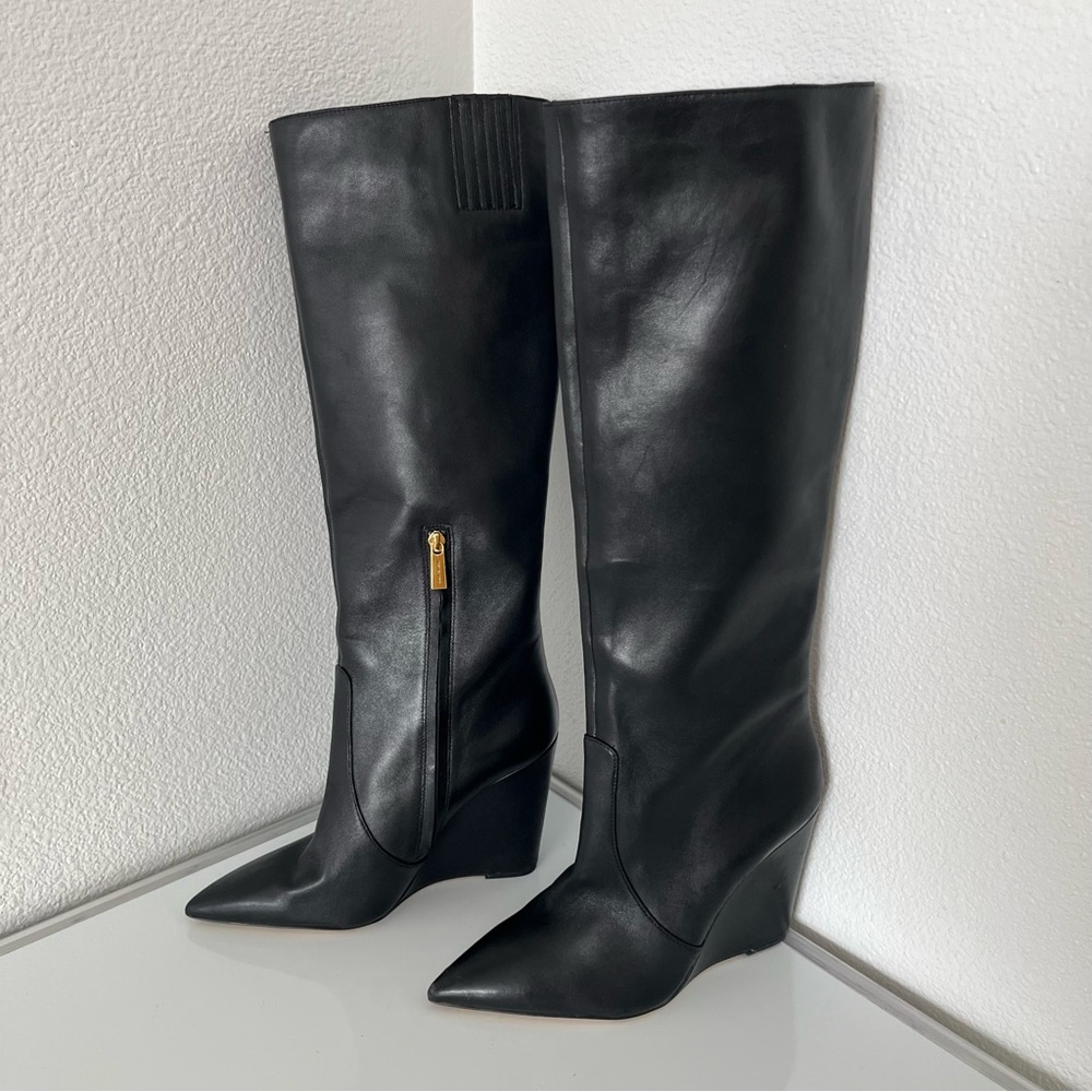 Michael Kors Isra 10 Wedge Knee High Boots Black Soft Leather